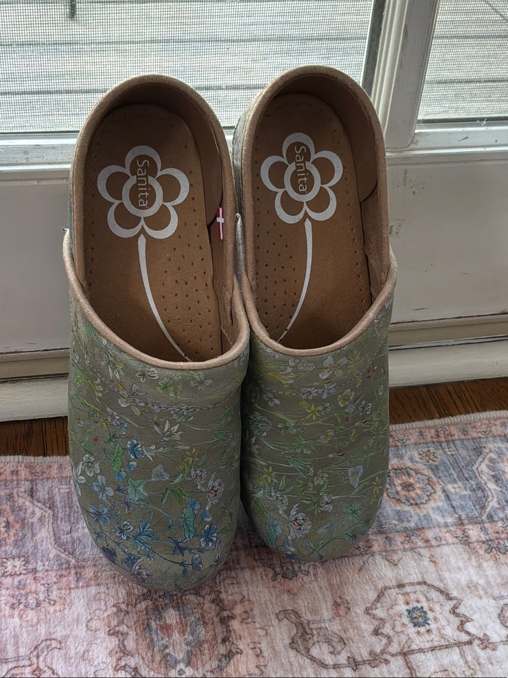 Sanita Sage Green Floral Embroidered Mules